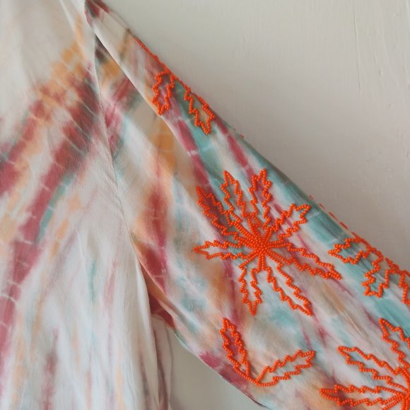 Sandro Paris Goa Embellished Silk Long Sleeve Tie-Dye Beaded Shirt SZ 2 US M - Picture 5 of 16